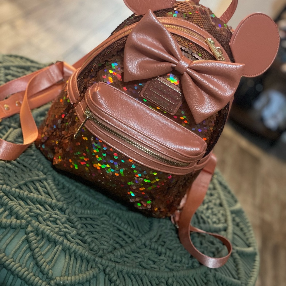Loungefly Disney Parks Iridescent Sequin Bow Ears Backpack - Picture 4 of 8